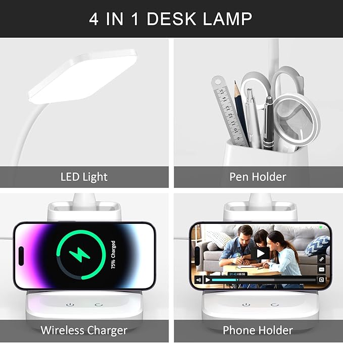 Desk Lamp with Wireless Charger - LED Desk Lamps for Home Office with Pen Holder, 800LM, 3 Color Modes, Flexible Arm, Eye-Caring White Table Lamps for Home College Dorm Room