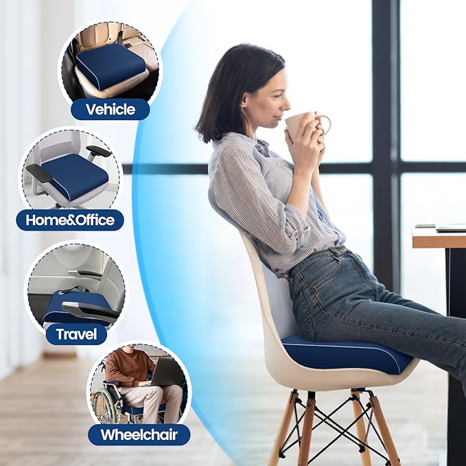 Seat Cushion for Tailbone Pain Relief, Office Chair Cushion, Memory Foam Large Chair Cushion with Non-Slip Cover for Soft Support at Office Chair, Car Seat, Airplane Dark Blue/X-Large