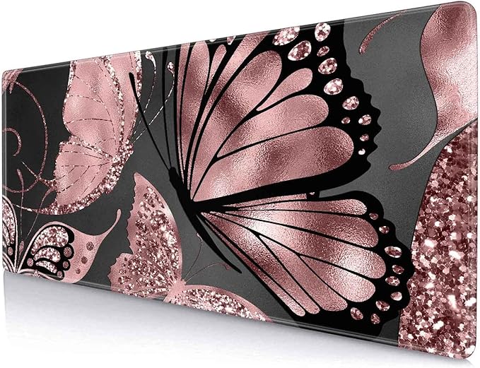 IMAYONDIA Gaming Mouse Pad for Women, Large Non-Slip Rubber Base Mousepad with Stitched Edges, Keyboard Mouse Mat Desk Pad for Work, Game, Office, 31.5x11.8 Inch - Rose Gold Glitter Foil Butterfly