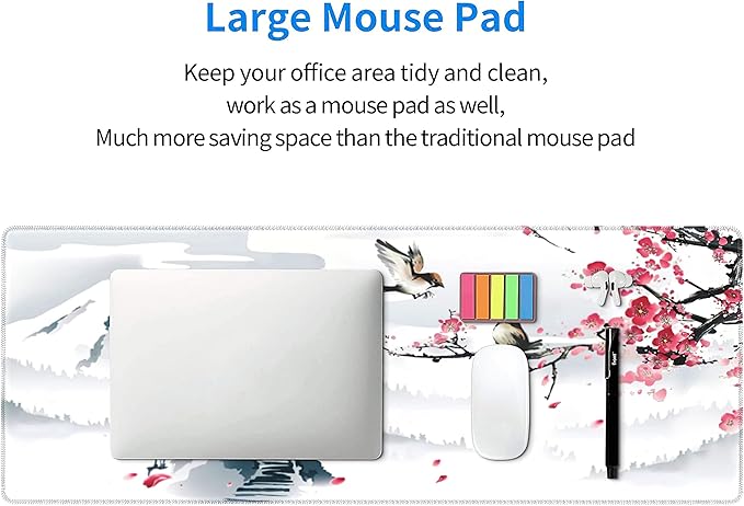 Japanese Pagoda Cherry Blossom Gaming Mouse Pad XL Birds Sakura Branch Mountain Extended Large Desk Cover Table Mat Non-Slip Rubber Base Stitched Edge Long Keyboard Playmat for Gamer,31.5×11.8 in