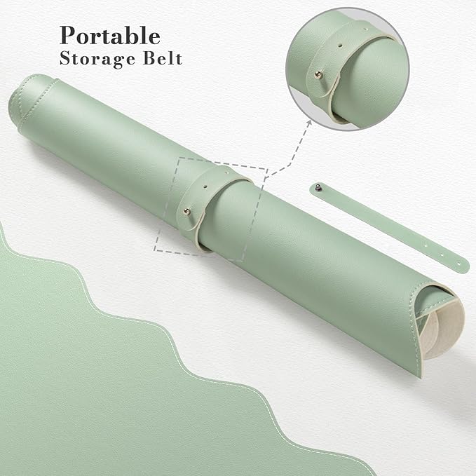 iCasso Leather Desk Pad,Extra Large Mouse Pad for Laptop,Cute Scalloped Nail Table Mat for Women Girl,Non-Slip Keyboard Mat Green,Waterproof PU Desk Cover Mat for Office Home Dorm Travel