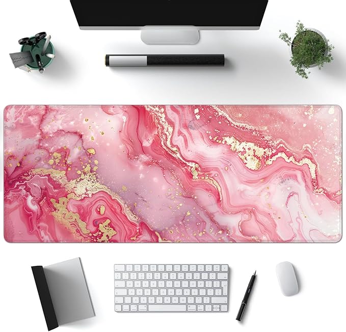 Desk Mat, Pink Marble XXL 35.4"x15.7"Large Gaming Mouse Pad, 3mm Thick Gaming Keyboard Pad,Desk Pad Non-Slip Rubber Base with Stitched Edges for Office Game Home Decor