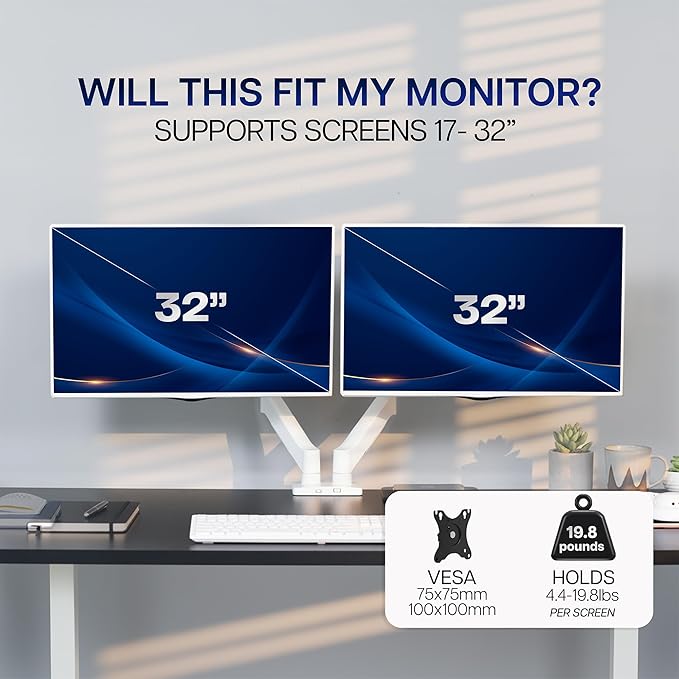VIVO Dual Monitor Stand, Fully Adjustable Arms for 17 to 32 inch Screens, Mechanical Articulating Desk Mount, Gaming and Office Setups, VESA 75x75, 100x100, Max 19.8 lbs, Classic, White, STAND-V002OW
