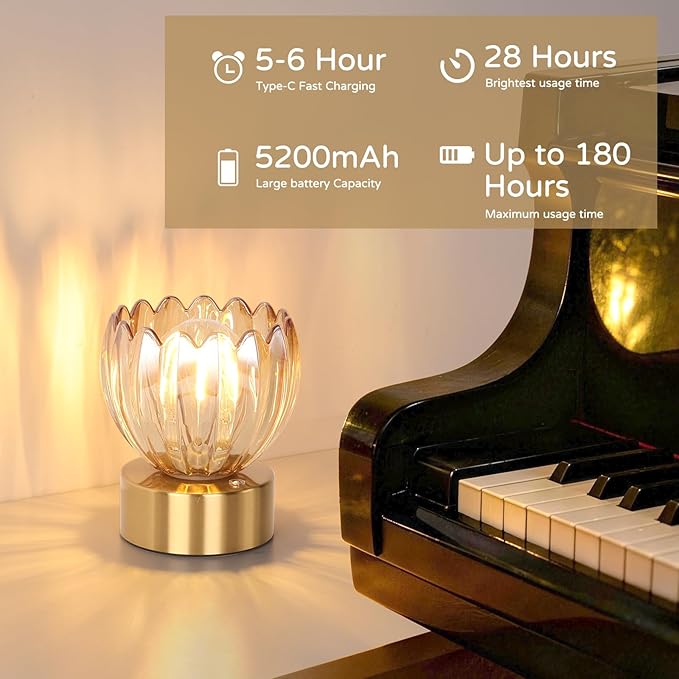Cordless Small Table Lamp with 5200mAh Battery & Touch Control, Battery Operated Tulip Table Lamp with 3 Colors, Rechargeable Mini Table Lamps for Bedsides, Bedroom, Nightstand (Amber)