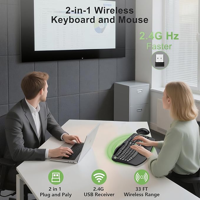 Wireless Keyboard and Mouse Combo, 2.4G Full Size Wave Keys Ergonomic Keyboard with Wrist Rest, Phone Holder, 3-Level DPI Wireless Silent Mouse with 6-Buttons, for Windows (Avocado Green and Black)
