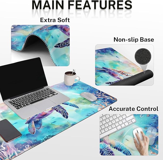 Arttown Sea Turtle Coral Reef Desk Mat Sea World Mouse Pad Set 4 in 1 Animal Ergonomic Design Large Desk Pad + Keyboard Wrist Rest + Mouse Wrist Rest + Coaster Suitable for Home Office Study Game