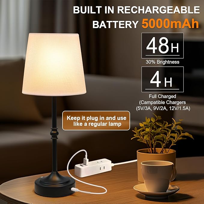 Cordless Lamp Rechargeable LED Table Lamp, 5000mAh Battery Operated, 3 Level Brightness, Portable Night Bedside Lamp, Ambient Desk Light for Home Decor, Patio, Restaurant, Dinning