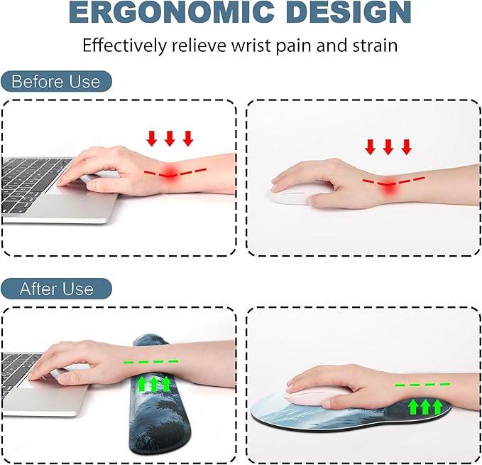 Ergonomic Mouse Pad with Wrist Rest and Keyboard Wrist Rest, Mousepad and Wrist Rest for Computer Keyboard, Non-Slip Rubber Base, Mouse Pad with Wrist Support for Gaming, Cloud Forest