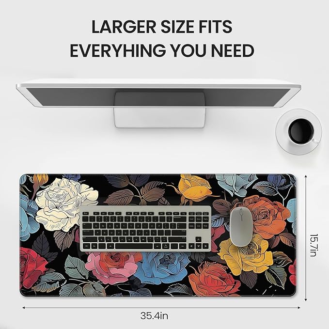 XXL Gaming Mouse Pad, Vintage Roses Floral Design, 35.4 x 15.7 Inches, Non-Slip Rubber Base, Microfiber Cloth, Extended Rectangular