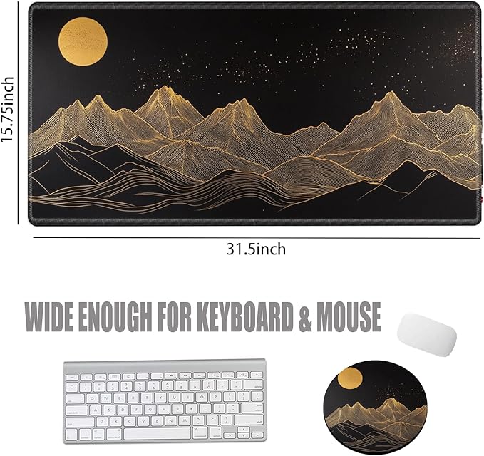 Large Mouse Pad Gaming Desk Pad Black and Gold Mountain Mousepad XXL Desk Mat 31.5''X15.75'' Extended Mouse Mat of Girl Desktop Work Computer