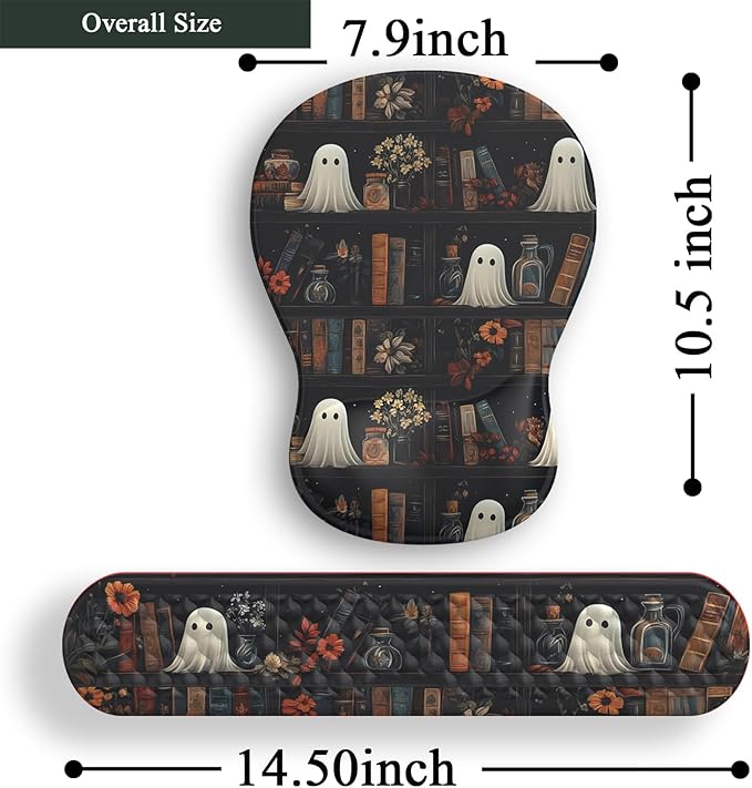 Ghost Book Mousepad with Wrist Rest Halloween Computer Keyboard Mouse Pad Black Cute, Mouse Pad with Wrist Rest for Computer Keyboard, 2 In 1 Mousepad with Wrist Support for Easy Typing & Ergonomic Comfort