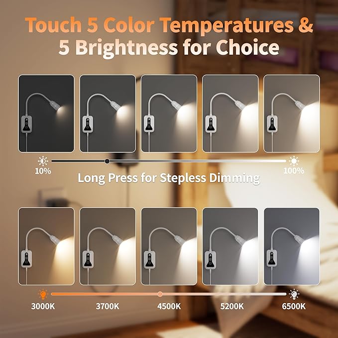 LED Wall Mounted Reading Light with Wave Sensor/Touch Switch, 5 Color & 5 Level Dimmable Touch Book Light for Reading with USB C Charging Port, Eye-Care Bedside Reading Lamp for Bed,Heaboard (White)