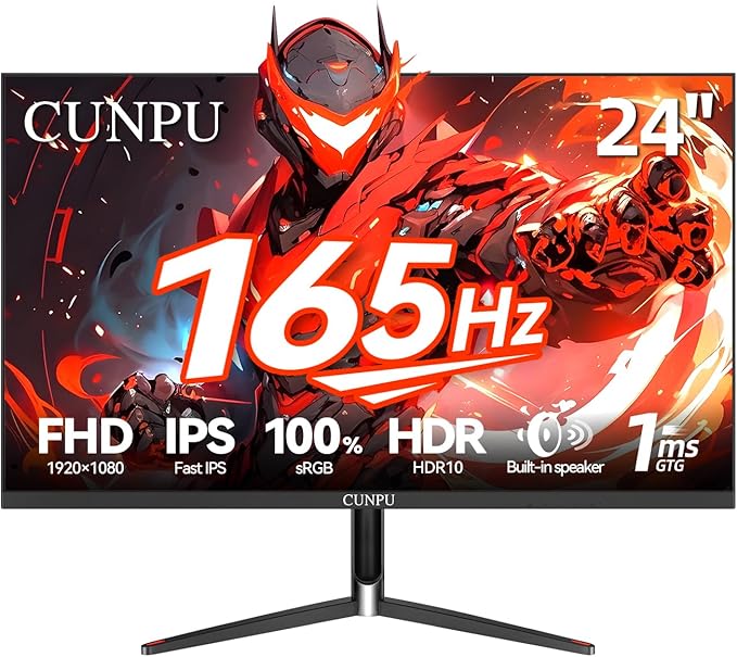 24 Inch Gaming Monitor, FHD 1080P 165Hz Monitor, IPS Display, Free-sync Compatible, 99% SRGB Color Gamut VESA 100 * 100mm Eye Care, Ultra-Slim Frame, Black