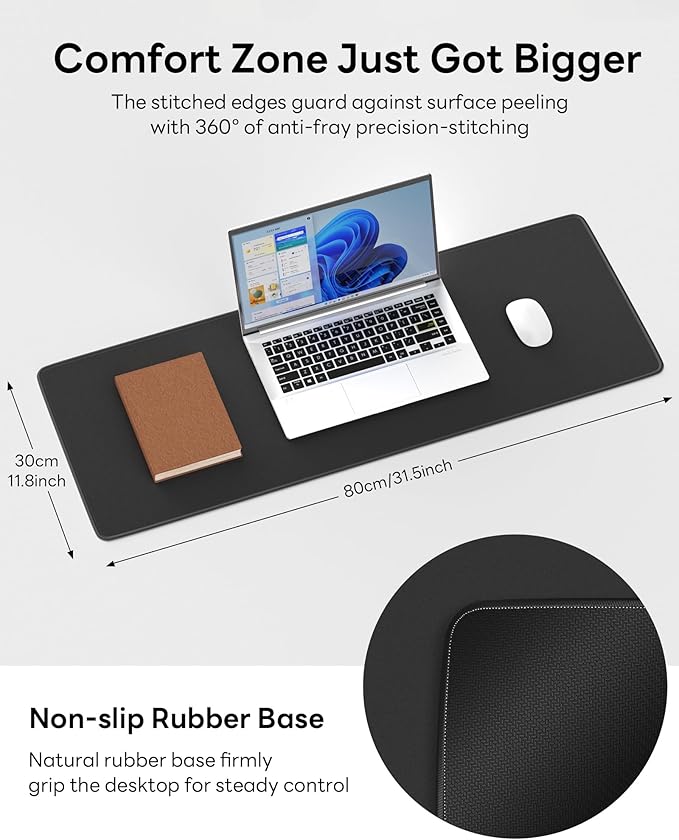 Black Mouse Pad, 31.5 x 11.8 Large Desk Mat with Stitched Edges & Non-Slip Base, Mousepad for Office, Home, Work