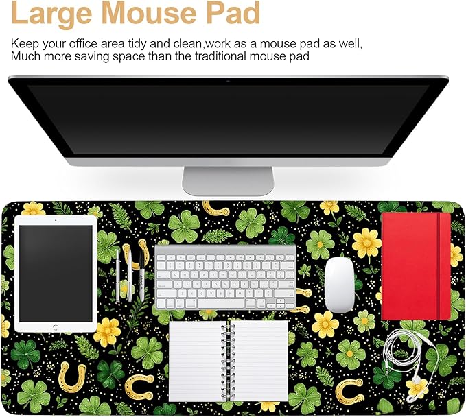 Large Mouse Pad & Keyboard Mat 35x16 Inches, Fresh Clover and Golden Horseshoe Meadow Non-Slip Rubber Base Desk Mat, Large Extended Desk Protector for Home Office Gaming Setup