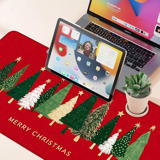 Desk Mat, XXL Extended Gaming Pad for Desktop, 35x16 Inches Trees on Red Background, Large Non-Slip Vegan Leather Surface with Stitched Edges, Keyboard Mouse Mat for Home Office
