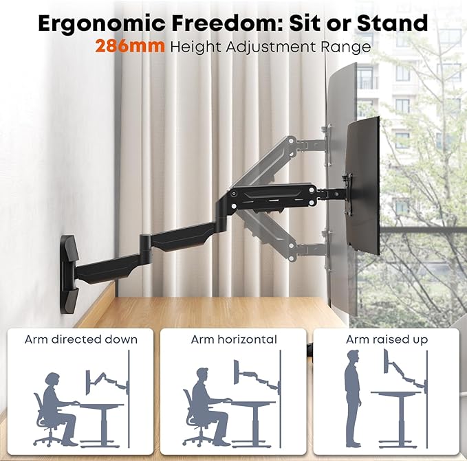 Monitor Wall Mount for 13''-32''-inch Screens - 30.28'' Extra Long Single Wall Mount Monitor Arm, Full Motion VESA Wall Bracket,75/100mm, Hold up to 19.8lbs, Black