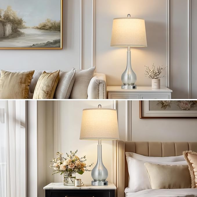 26" Silver Table Lamps Set of 2 for Living Room, Touch Control Bedside Lamp with USB Charging Ports, 3-Way Dimmable Brushed Nickel Bedroom Lamps for Nightstand (2 LED Bulbs Included)