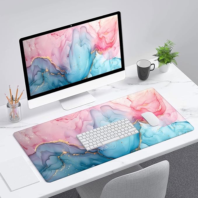 Pink Cyan Marble Desk Mat Blue Gold Marble Mousepad XL Large Gaming Mouse Pad Laptop Keyboard Mat Desk Pad 31.5"x11.8" Office Home Decor for Women Girl
