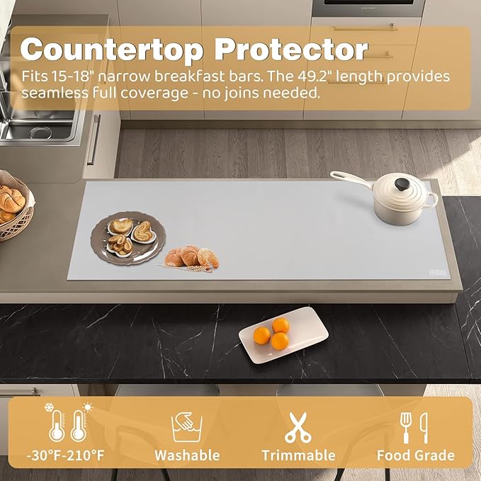 49.2" x 15.7" Large Silicone Mat for Kitchen Counter Protector, Cuttable Silicon Countertop Protector Mat Heat Resistant Mats for Countertop, Cut to Fit Placemat Ship Roll by Foepoge, Gray