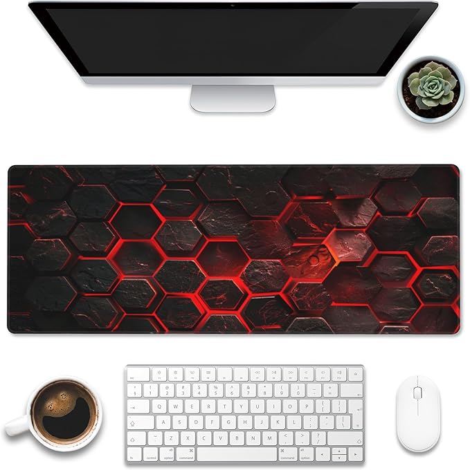 Large Gaming Mouse Pad for Desk,Red Honeycomb Science Technology Desk Mat,Honeycomb Hexagon Desk Pad,Extended Big Computer Keyboard Mouse Pad with Non-Slip Base Stitched Edges 31.5"x11.8"