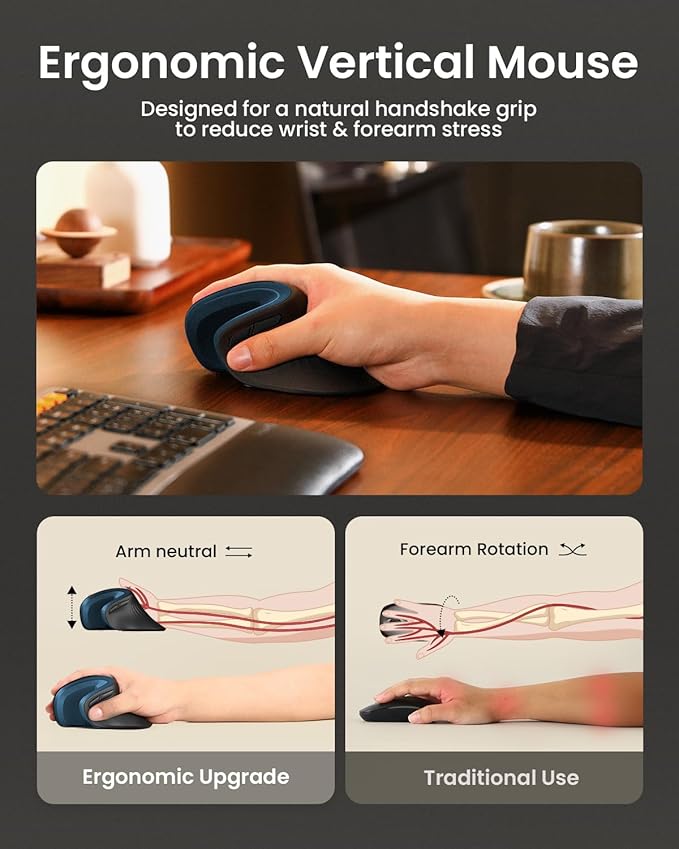 ProtoArc Ergonomic Mouse, EM11 NL Bluetooth Rechargeable Wireless Vertical Mouse, 3 Multi-Device Connectivity for Computer/PC/Laptop, 2.4GHz USB-A Optical Mice for Windows, Mac OS, Blue