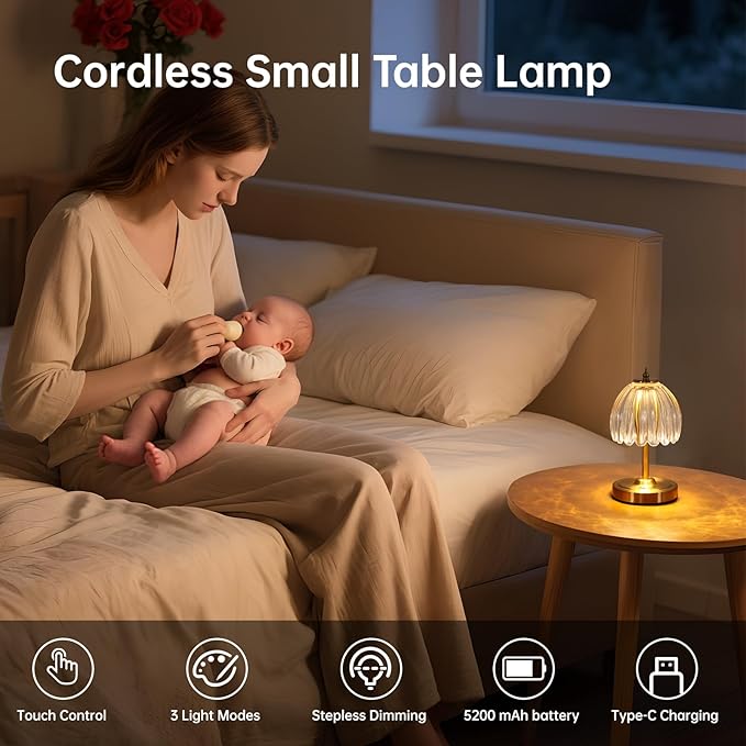 Set of 2 Tulip Table Lamp with 5200mAh Battery & Touch Control, Cordless Small Table Lamp with 3 Colors, Rechargeable Battery Operated Table Lamps for Nightstand, Bedroom (Transparent Tulip)