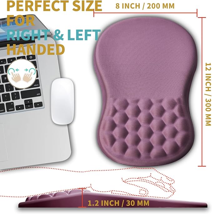 Hokafenle Ergonomic Mouse Pad Wrist Support with Massage Design, Wrist Rest Mousepad with Memory Foam&Non-Slip PU Base, Mouse Pads for Wireless Mouse & Desk (12x8 inch,Dark Pink)