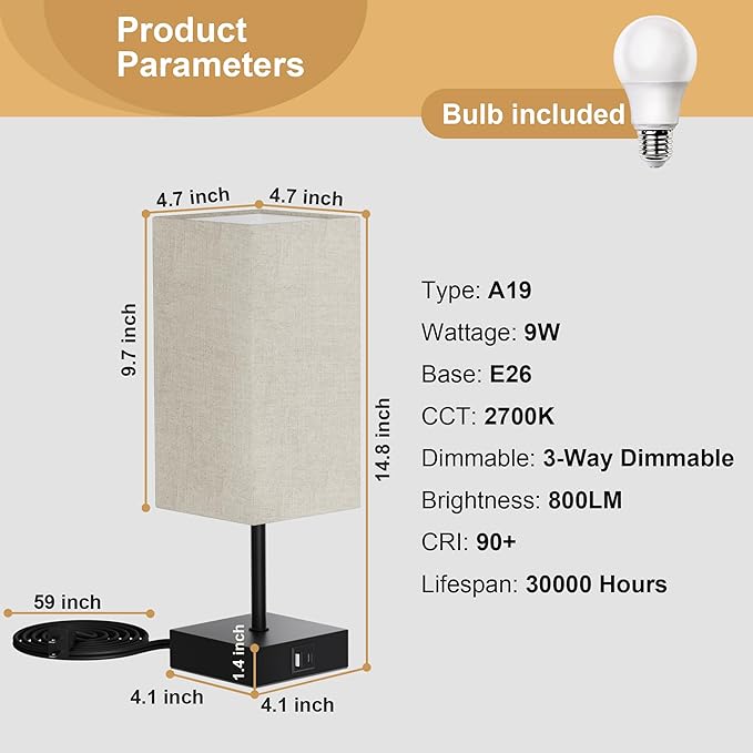 Sailstar Bedside Lamps, Table Lamp with USB C+A Charging Ports, 3 Way Dimmable Touch Control, Small Nightstand Lamps for Bedroom, Home Decor, Living Room, LED Bulbs Included, Upgraded Beige