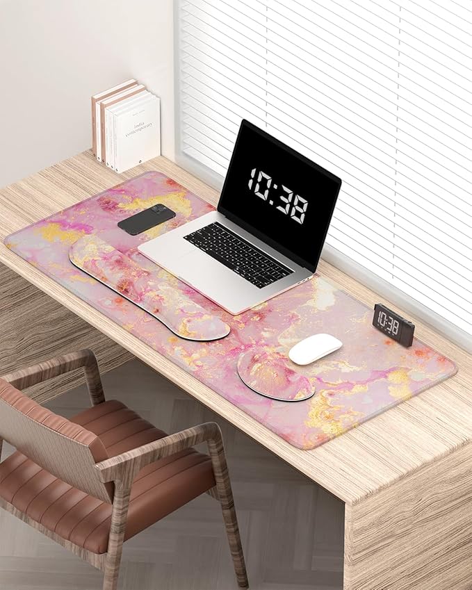Auhoahsil Large Mouse Pad with Wrist Rests for Keyboard & Mouse, Thick Soft Ergonomic Memory Foam Wrist Supports, Big & Long Desk Mat 35.5 x 15.7 in, for Office Gaming Computer, Pink Gold Marble