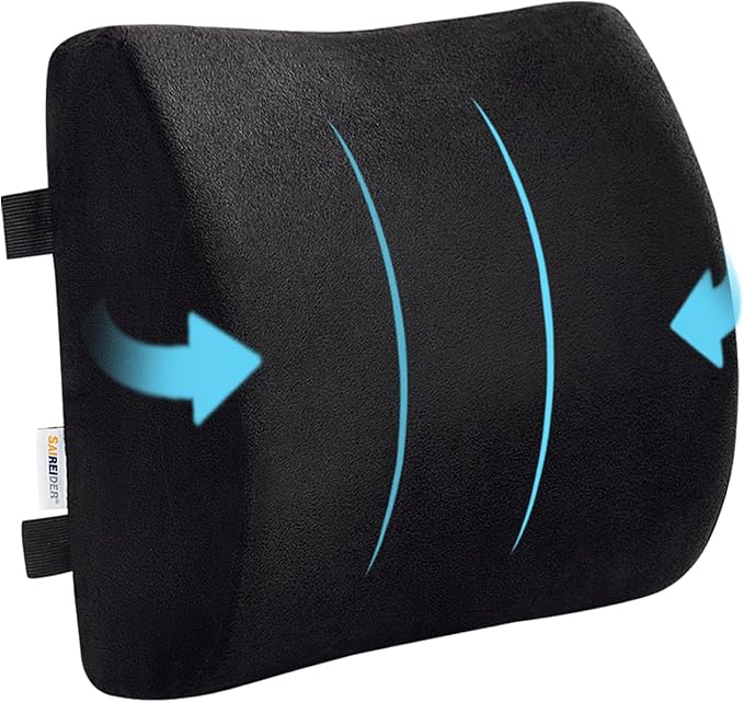 SAIREIDER Comfortable Lumbar Support Pillow for Office Chair, Memory Foam Back Support Pillows for Car、Gaming Chair、 Home Chair, Back Support Improve Posture, Double Adjustable Straps(Black)