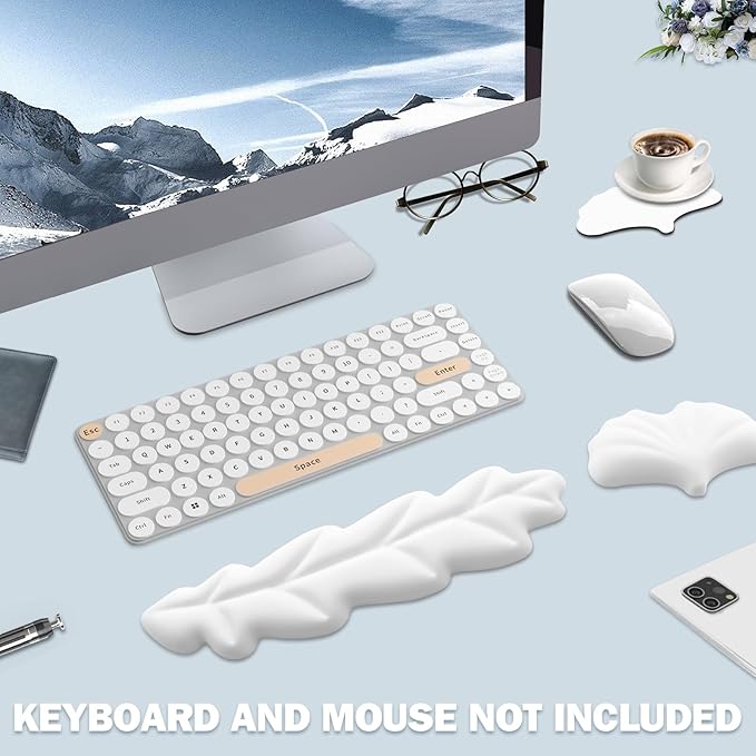 Keyboard Wrist Rest Pad Set, Leaf Shape PU Leather Memory Foam Wrist Cushion Support,Mouse Wrist Rest Pad,Non-Slip Wrist Support for Easy Typing, White Leaf