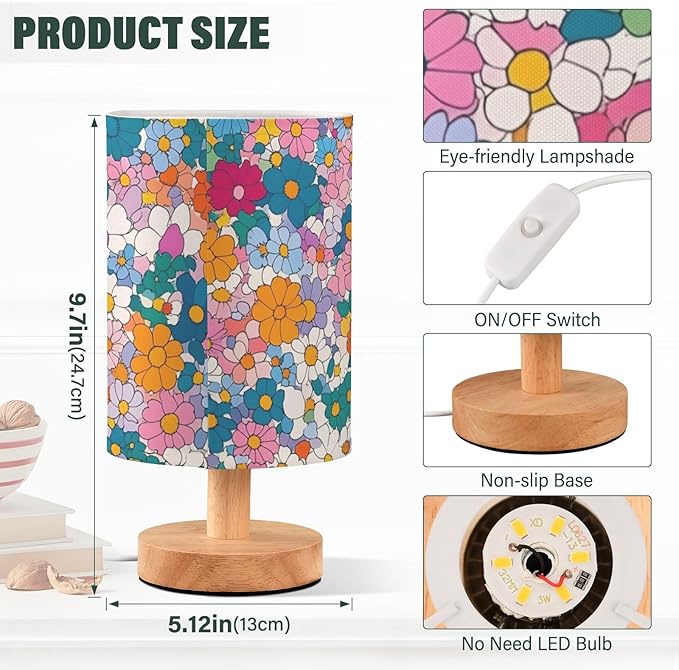 Colorful Floral LED Table Lamp, Bedside Lamp with Linen Lampshade, Flicker-Free Eye Care USB Plug in Nightstand Lamp, for Bedroom and Office