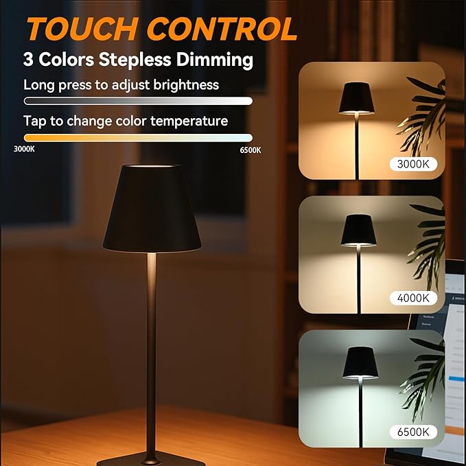 2 Pack Minimalistic Cordless Table Lamps - 2000mAh Rechargeable, Touch Control, 3 Colors Stepless Dimming LED Bottle Lamp Kit for Home & Camping