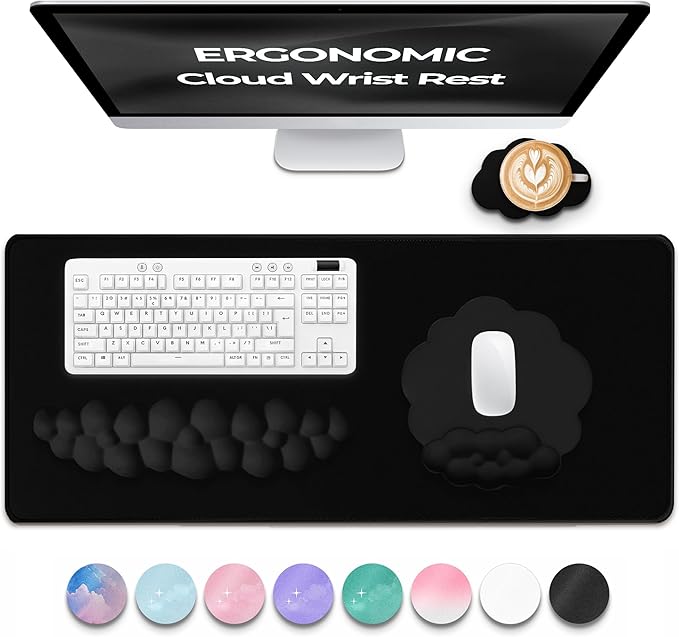 Premium Quality Cloud Wrist Rest Keyboard & Mouse Pad Set – Ergonomic Memory Foam Desk Accessories with Wrist Support for Office & Gaming – Black Fabric