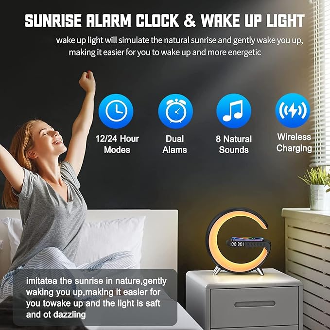 Smart LED Table Lamp, 5-in-1 Night Light Fast Wireless Charging Station, 256 Lights Mode Dimmable Bedside Lamp, Bluetooth Speaker & App Control for Bedroom, Home Decor, Alarm Clock for Festival Gifts