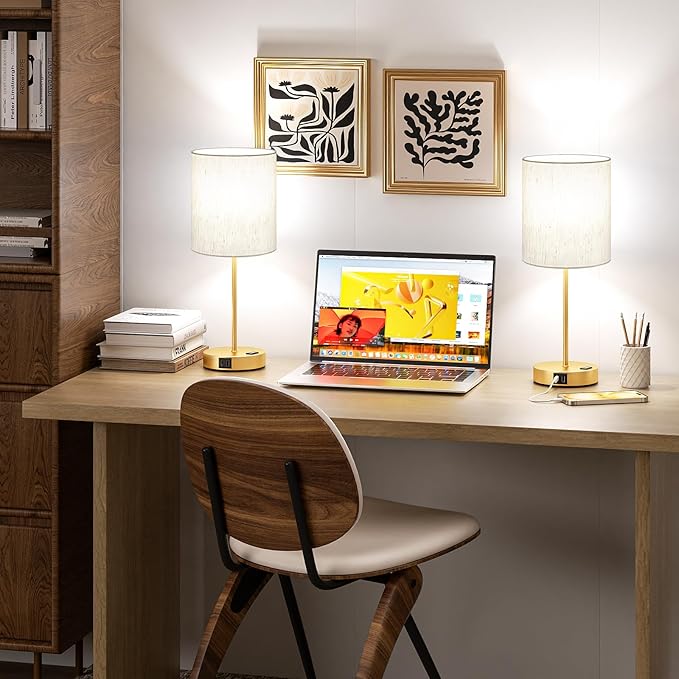 Gold Touch Lamps for Nightstand Set of 2 - Bedside Table Lamp for Bedroom with Dual USB Ports & AC Outlet, 3-Way Dimmable Lamps for Living Room Boys Room, Night Light with 5000K Daylight Bulbs