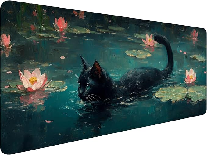 Black Cat Gaming Mouse Pad Cute Animal Green Lotus Leaves Mousepad XL Large Gaming Mouse Pad Laptop Keyboard Mat Desk Pad 31.5"x11.8" Office Computer Keyboard Laptop Home