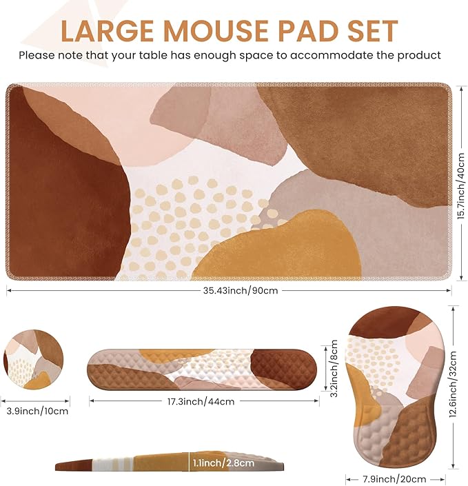 Large Mouse Pad with Wrist Rest and Keyboard Pad, Desk Pad Mat Set, 4PCS Carpal Tunnel Boho Mousepad with Wrist Support Combo, XXL Computer Office Desk Matt for Desktop Laptop, Brown Coffee