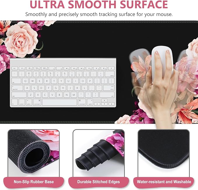 iLeadon Mouse Pad Set, Desk Mat + Mouse Pad with Wrist Rest + Keyboard Wrist Rest + Coaster, 4in1 Mouse and Keyboard Pad Set for Home Office, Peony Flowers