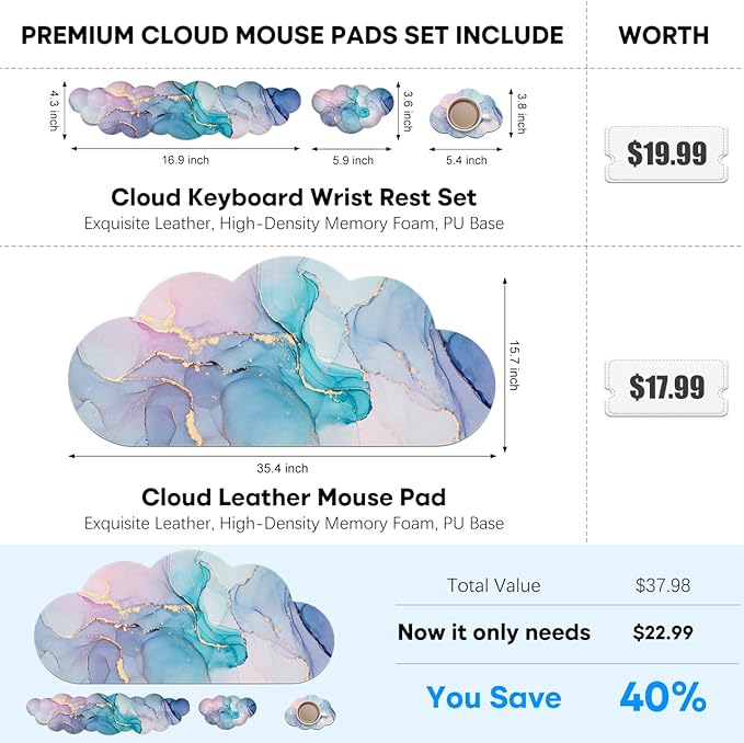 JIKIOU Large Cloud Mouse Pad Waterproof with Cloud Keyboard Wrist Pad and Cloud Mouse Wrist Pad Set, Ergonomic Computer Desk Wrist Support Mousepad for Keyboard and Mouse 35.4x15.7in Marble Blue