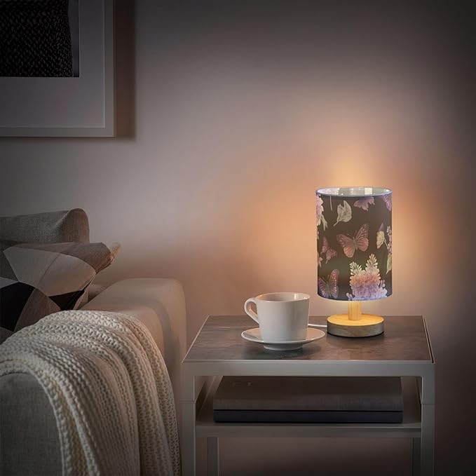 Butterfly and Flower LED Table Lamp, Bedside Lamp with Linen Lampshade, Flicker-Free Eye Care USB Plug in Nightstand Lamp, for Bedroom and Office