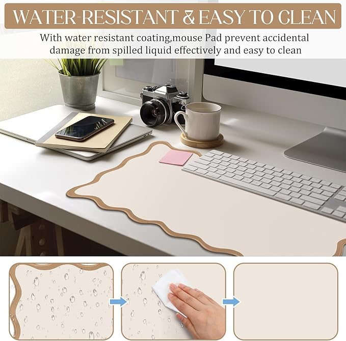 Scalloped Desk Mat Large Scalloped Piping Cute Desk Mat Aesthetic Preppy Table Pad Large Nonslip Pad with Edge Stitching Waterproof Gaming(Beige,31.5 x 15.75 Inches)