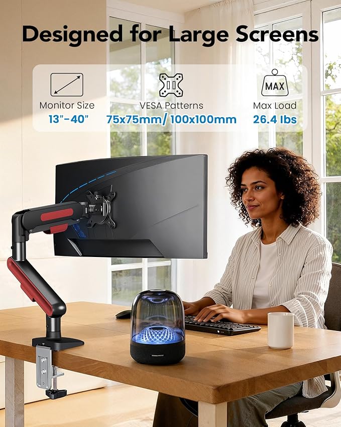 HUANUO Ultrawide Monitor Arm for 13 – 40" Screens, Single Monitor Mount Holds up to 26.4lbs, Adjustable Monitor Stand with C-Clamp & Grommet Base, VESA Mount 75x75mm/100x100mm