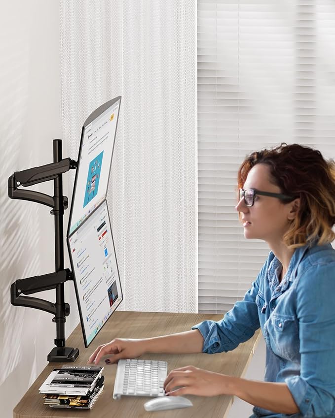 MOUNTUP Vertical Dual Monitor Mount Holds 4.4-17.6lbs, up to 32 Inch Stacked Monitor Mount with Gas Spring Arm with Clamp/Grommet Base Dual Monitor Stand for Desk, VESA 75x75/100x100 MU6012A
