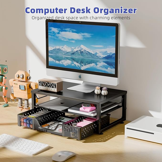 Simple Trending Desk Organizer and Accessories, 2-Tier Computer Monitor Stand Riser with Drawer for Office Supplies, Black