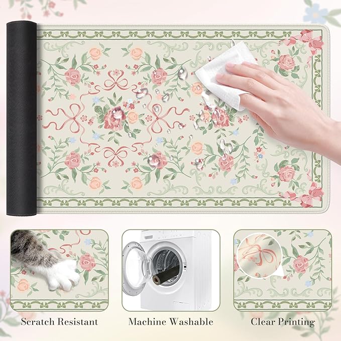 HAOCOO Cute Floral Desk Mat, Green Mouse Pad, Waterproof Desk Matt for Desktop, 35.4" x 15.7" Non-Slip Desk Mouse Pad, Keyboard Mat with Stitched Edge, Desk Pad Mat for Office, Home