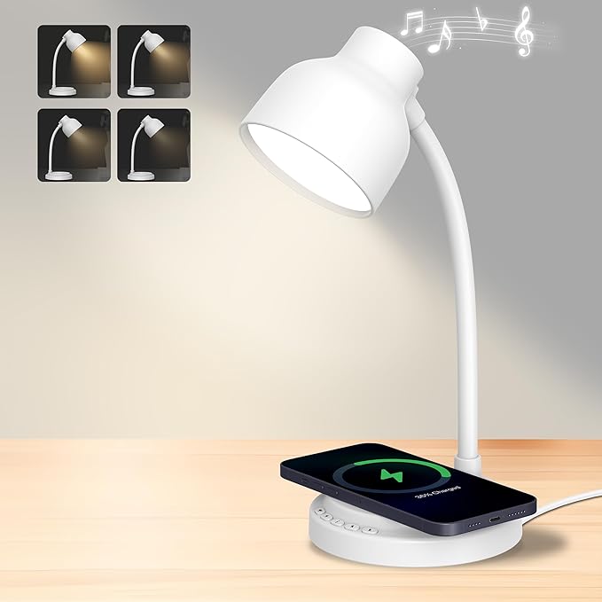 LED Desk Lamp for Office Home,Table lamp with Speaker,Desk Lamp for College Dorm Room,4 Brightness,Dimmable Table Lamp Eye Caring Reading Light(White)