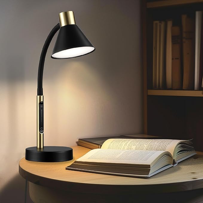 Globe Electric 62000034 15" LED Integrated Desk Lamp, Matte Black, Brass Accent, Adjustable Gooseneck, Dimmable, 3 Color Temperature, 7.5W, 90 CRI, 400 Lumens, Reading Light, Dorm Room Essentials