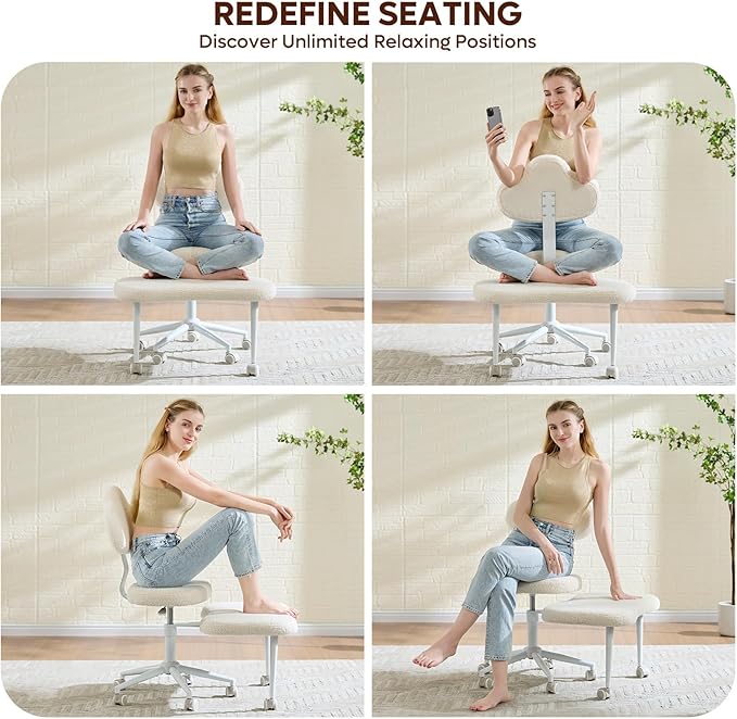Cross Legged Office Chair with Wheels, Meditation Chair, ADHD Chair for Adults, Wider Height Adjustable Backrest and Seat, Yoga Office Chair, Teddy Fabric, Off White